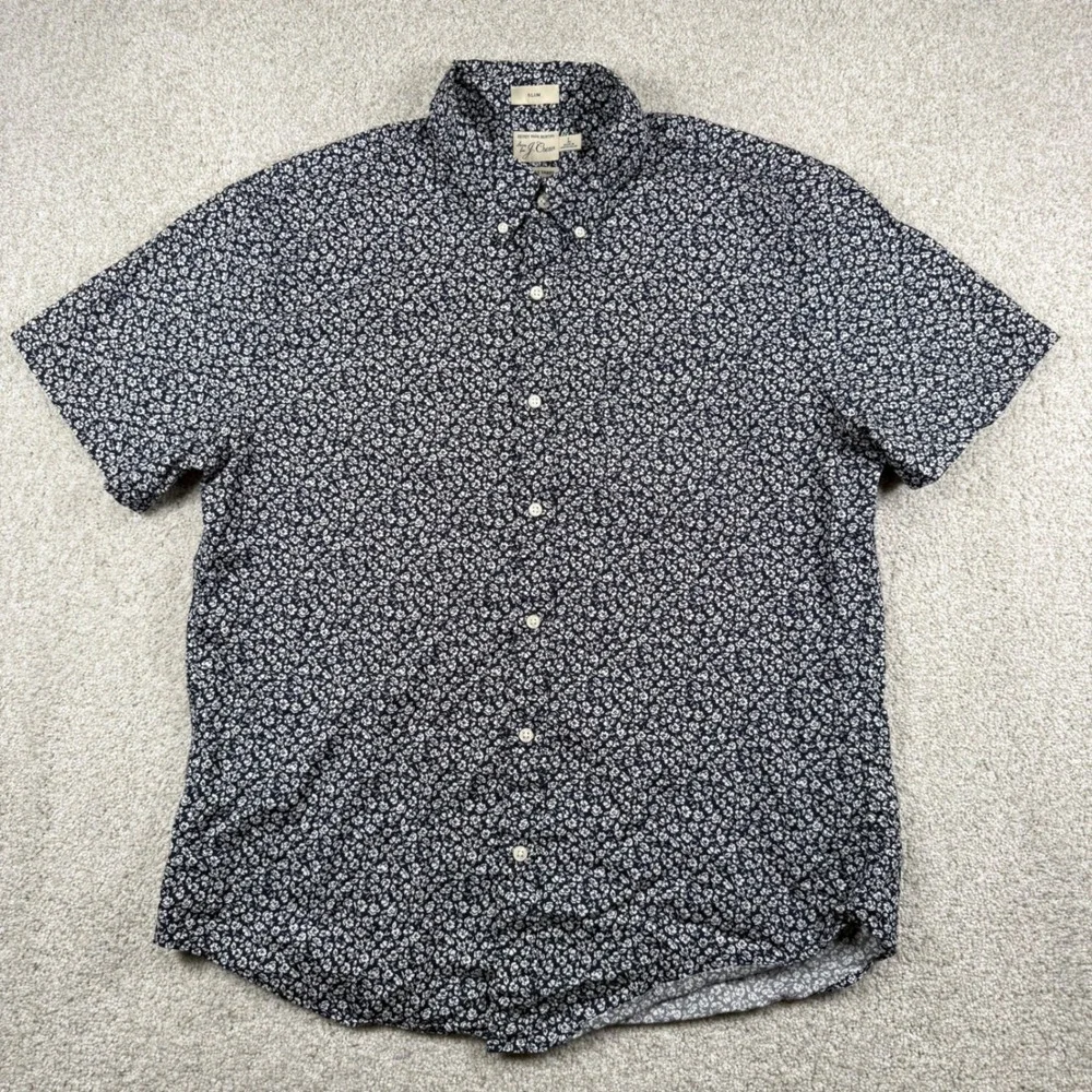 J.Crew Button Down Shirt Mens L Navy Blue Floral Slim Fit Wash Short Sleeve